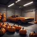 Orange car inside the garage with many halloween pumpkins on the floor