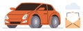 Orange car next to an envelope and cloud representing communication and digital connectivity Royalty Free Stock Photo