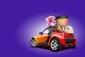 Orange car on purple background. Donuts, coffee, cookies tied with ribbon, chocolate macarons on the roof. Collage. Copy