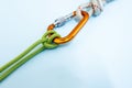 Carabiner with knot eight and prusik Royalty Free Stock Photo