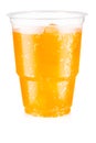 Orange carbonated drink with ice in a plastic cup isolated on white background Royalty Free Stock Photo
