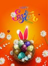 Orange card with Easter eggs in a nest, bunny ears
