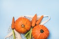 Orange carrots and Pumpkin in Grocery Eco Bag Vegetables in Reusable Eco Friendly Packaging on Blue Background Top View