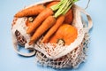 Orange carrots and Pumpkin in Grocery Eco Bag Vegetables in Reusable Eco Friendly Packaging on Blue Background Top View