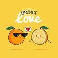 Orange cartoon characters, Cute fruit couple, Vintage poster flat design with Vector illustration