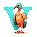 Orange cartoon vulture standing on white background near big blue letter V. Creative kids alphabet