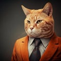 Orange cat character in orange tuxedo. On a beautiful plain background