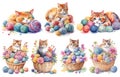 The orange cat with a colorful balls of yarn. Cute yellow cat watercolor illustration collection isolated on white Royalty Free Stock Photo