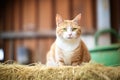 orange cat with green eyes sitting on hay bale in barn Royalty Free Stock Photo