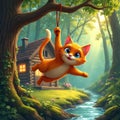 Orange cat hangs from tree branch by rope in enchanted forest. Cabin seen in background with lit windows. Stream runs through Royalty Free Stock Photo