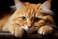 an orange cat laying on top of a wooden table