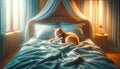 Orange Cat and mouse sleeping toghether in soft bed. World Sleep Day concept Royalty Free Stock Photo