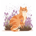 an orange cat sitting in a field of purple flowers and grass with its eyes closed and eyes closed, with a white background with Royalty Free Stock Photo