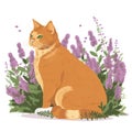 an orange cat sitting in a field of purple flowers and grass with a white background and a green eyed cat sitting in the middle Royalty Free Stock Photo