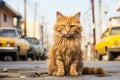 an orange cat sitting on the ground in front of cars Royalty Free Stock Photo