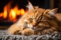 A orange cat is sleeping near the fireplace ai created Royalty Free Stock Photo