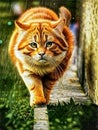 The orange cat is walking and looking at you. Cute Cat with gold eye. Royalty Free Stock Photo