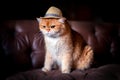 Orange cat wearing hat on sofa Royalty Free Stock Photo