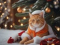 An orange cat wearing a santa costume under the Christmas tree Generative AI. AI generated. Royalty Free Stock Photo