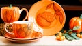 orange ceramic set with autumn pumpkin design