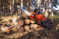 Orange chainsaw is clad on firewood stacked