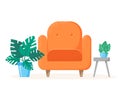 Orange chair with home plants. Home interior with sofa, house plants in pots, table. Vector