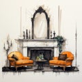 Timeless Elegance: Orange Couches And Fireplace In Drawing Illustration Style Royalty Free Stock Photo