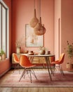 Orange chairs at the wooden table, against window. Interior design of modern living room with pink walls. Created with generative Royalty Free Stock Photo