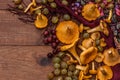 Orange chanterelle mushrooms, yellow and red gooseberries and patterned scarf on brown wooden table Royalty Free Stock Photo