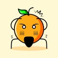 cute orange character with leaf, shocked expression, two hands on head and bulging eyes