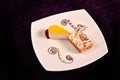 Orange cheese cake with cherry sauce and dessert with Royalty Free Stock Photo