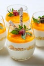 Orange cheesecake in glasses on white background