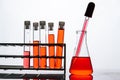 Orange chemicals in a science glass tube arranged on a shelf