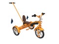 Orange childrens bike with telescopic handle for parents 3d render on white background no shadow