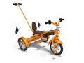 Orange childrens bike with telescopic handle for parents 3d render on white background with shadow