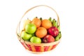 Orange, Chinese pear, banana, red apple and green apple in wicker basket on white background fruit health food isolated