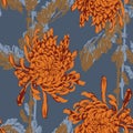 Orange Chrysanthemum flower drawing Seamless Pattern on Blue. Modern Florals Royalty Free Stock Photo