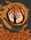 In an orange circle, dried trees are surrounded by the falling autumn leaves