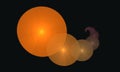 Orange circles create shape of twirl in specific aftermath in deep dark space.