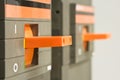 Orange circuit breaker on control panel Royalty Free Stock Photo