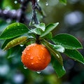 orange citrus fruits tree and bee and butterfly take nectar on fruits tree and berries, dew drops on branch in gardens