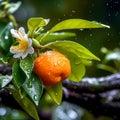 orange citrus fruits tree and bee and butterfly take nectar on fruits tree and berries, dew drops on branch in gardens