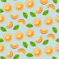 Orange citrus with green leaves on blue background. Juicy seamless vector pattern.