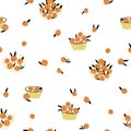 Orange citrus scandinavian pattern. Fruit in a basket and net. Vector seamless pattern in simple hand-drawn style. Ideal for Royalty Free Stock Photo