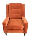Orange classical vintage style armchair with velour upholstery isolated on white background. Soft velour fabric chair