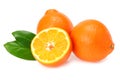 Orange clementine or minneola tangelo with slices and green leaves isolated on white background. Tangerine. Citrus fruit Royalty Free Stock Photo