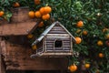 An orange clementine satsuma tree blooming with fruit in the winter season with a country rustic wood birdhouse Royalty Free Stock Photo