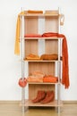 Orange clothes nicely arranged on a shelf.