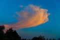 Orange cloud blowing over evening sky, sun set illuminates sweeping cloud