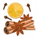 Realistic spices for Christmas mulled wine. Dried cloves and oranges.